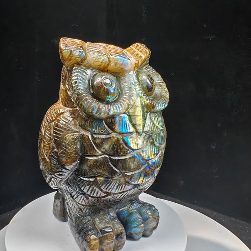 Labradorite Owl Carving with Blue Gold Flash | Crystal Statue | RAYONEST
