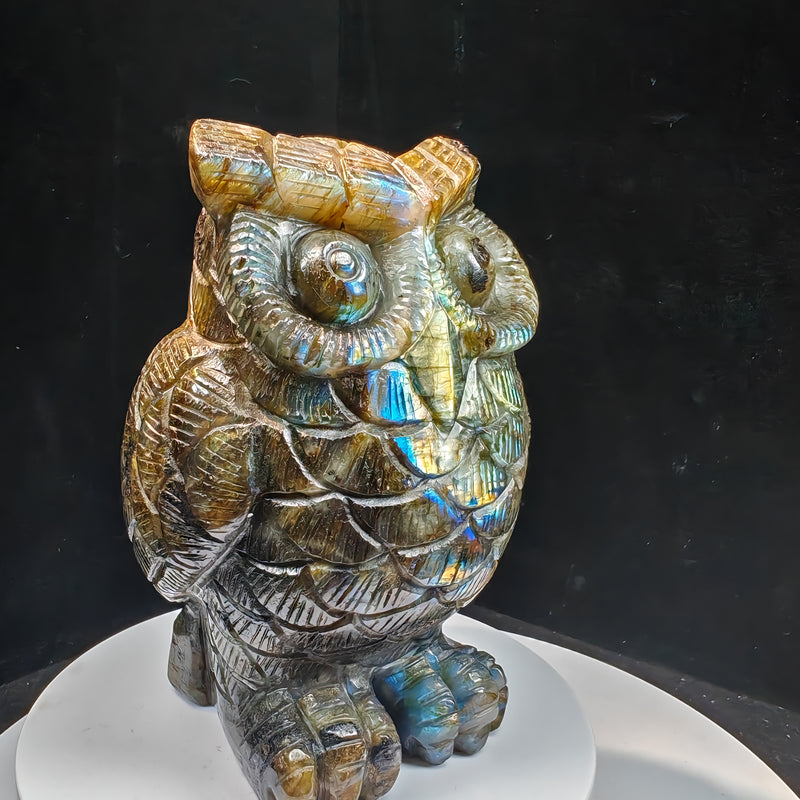 Labradorite Owl Carving with Blue Gold Flash | Crystal Statue | RAYONEST
