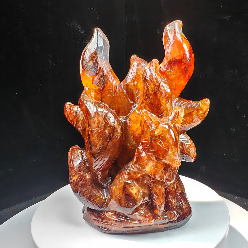 Fire Quartz Nine-Tailed Fox Carving | Kitsune Crystal Statue | RAYONEST